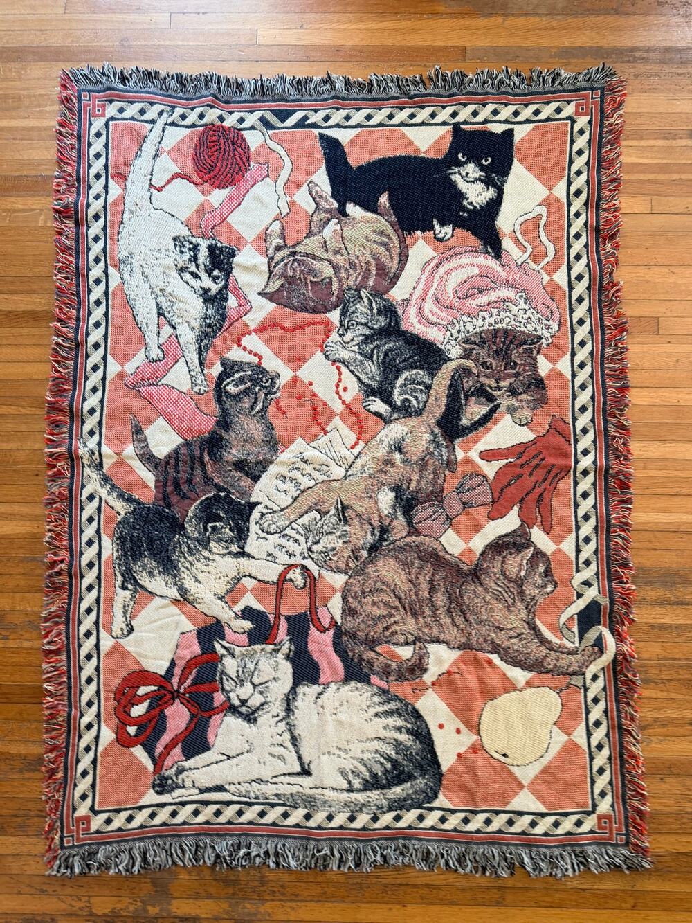 Vintage 90s Playful Kittens Woven Tapestry Throw Blanket Fringe Cat Afghan 47x68